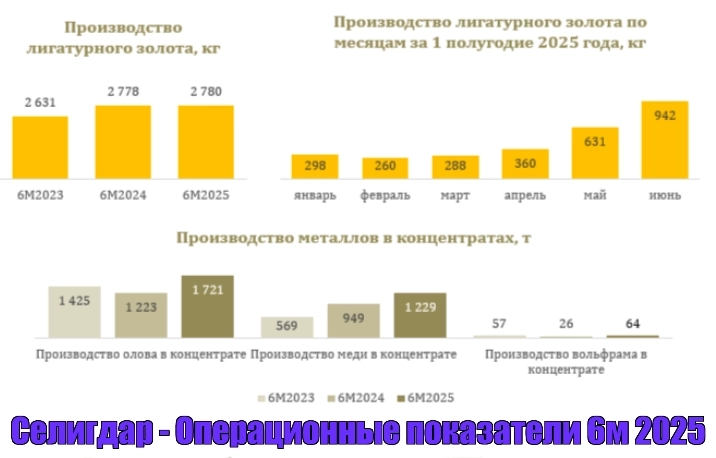 Селигдар - Производство 6м 2025: Золото 2,78 т (-0% г/г), Олово 1,72 тыс т (+40,7% г/г), Медь 1,23 тыс т (+29,5% г/г), Вольфрам 64 т (+146% г/г)