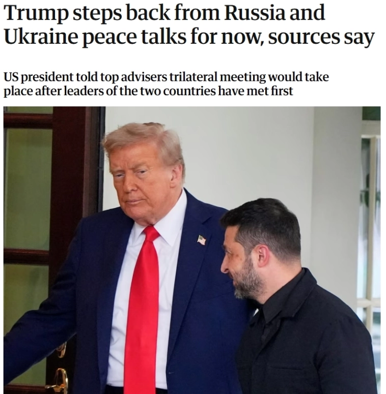Трамп намерен временно отойти от переговоров по российско-украинскому урегулированию, дав возможность Путину и Зеленскому самим организовать двустороннюю встречу — The Guardian Трамп намерен временно отойти от переговоров по российско-украинскому урегулированию, дав возможность Путину и Зеленскому самим организовать двустороннюю встречу — The Guardian