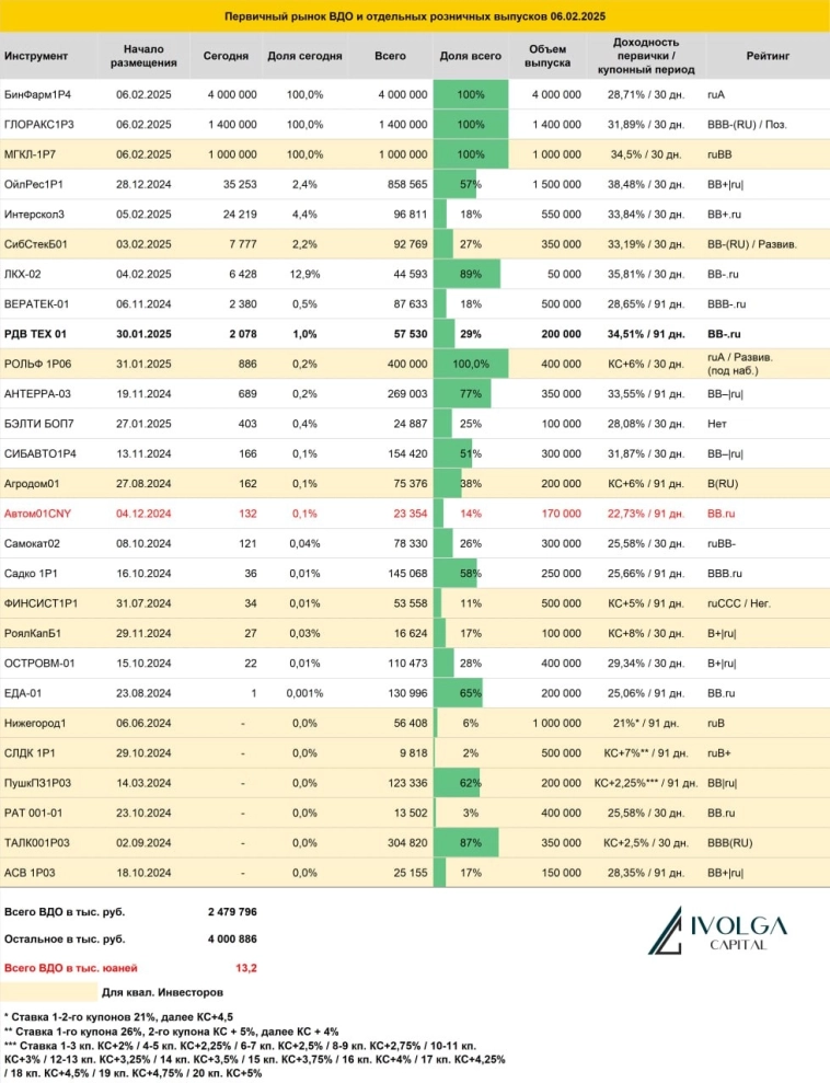 Итоги первичных размещений ВДО и некоторых розничных выпусков на 6 февраля 2025 г.