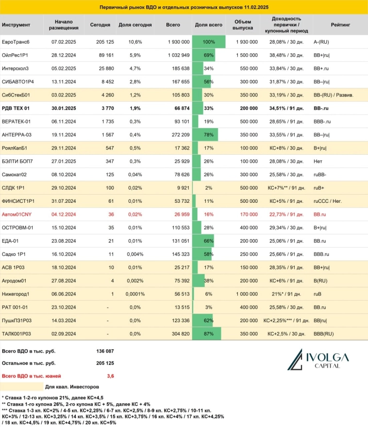 Итоги первичных размещений ВДО и некоторых розничных выпусков на 11 февраля 2025 г.