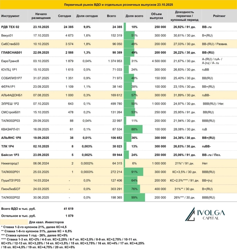 Итоги первичных размещений ВДО и некоторых розничных выпусков на 23 октября 2025 г.