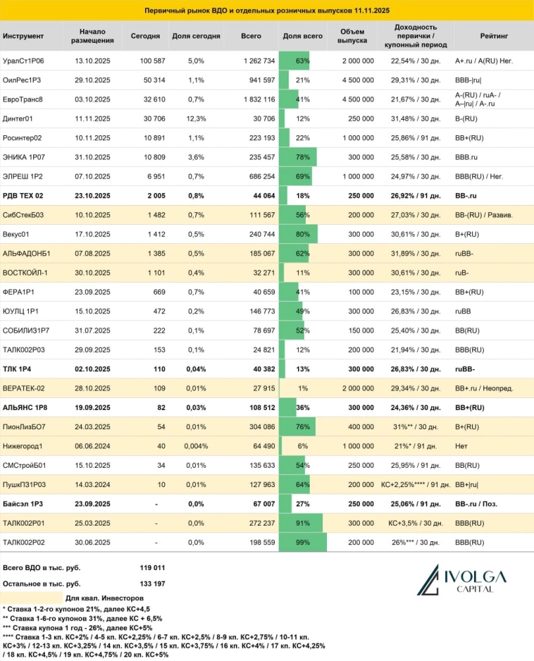 Итоги первичных размещений ВДО и некоторых розничных выпусков на 11 ноября 2025 г.