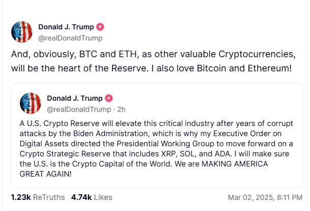 После новости о крипторезерве Трамп написал о любви к биткоину