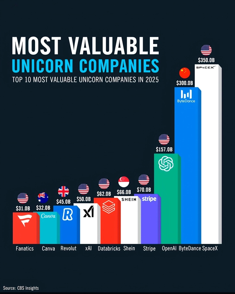 Топ-10 самых ценных единорогов 2025 года.