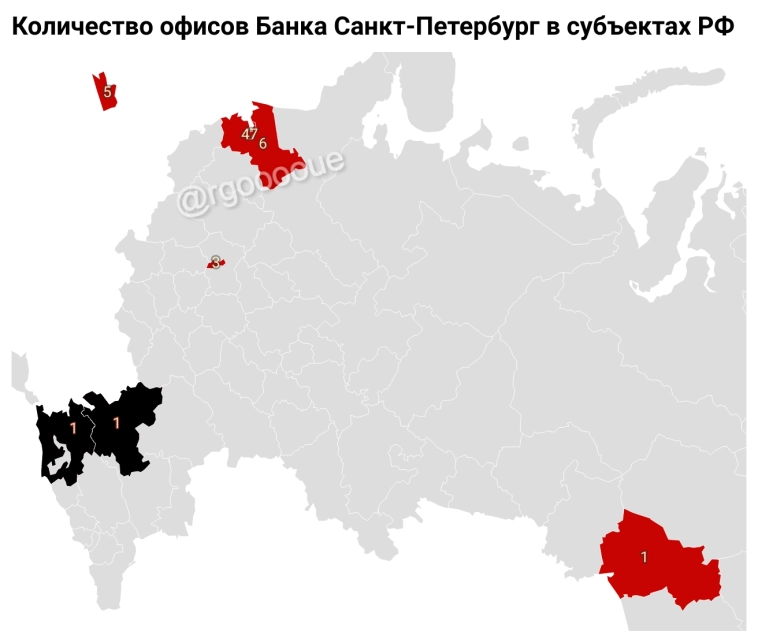 Карта: Число офисов Банка Санкт-Петербург в регионах