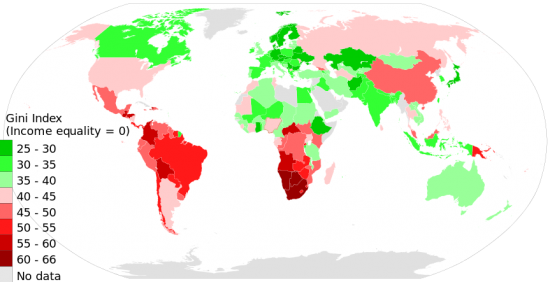 Коэффициент Джини по распределению национального дохода стран мира в 2014 году