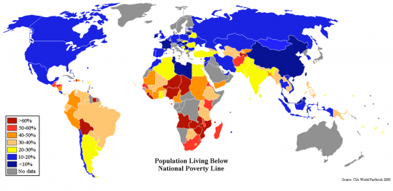 Удельный вес населения с доходами ниже национальной черты бедности (по данным ЦРУ)