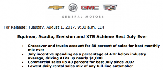 Пресс-релиз General Motors. Падение продаж на 15.4%.