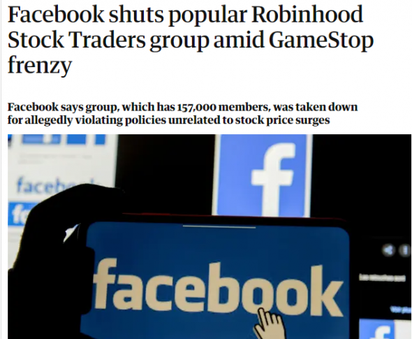 Facebook удалил группу Robinhood Stock Traders. 157тыщ. участников.