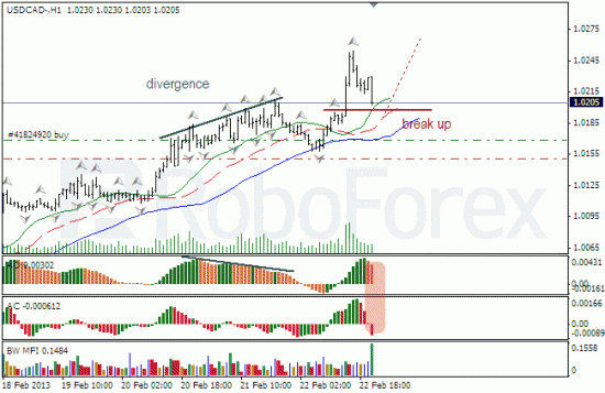 RoboForex: анализ индикаторов Б. Вильямса для USD/CAD и NZD/USD на 25.02.2013