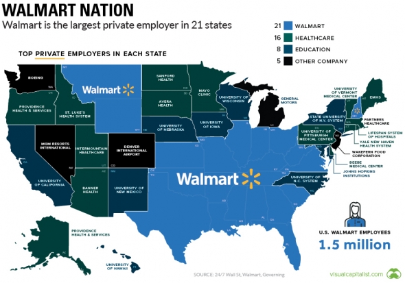Walmart Nation: картирование крупнейших работодателей Америки