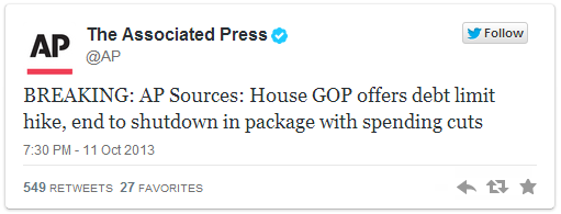 Фондовый рынок взлетел на заголовке Associated Press из твиттера.