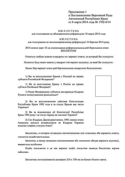 Верховный Совет Крыма опубликовал бюллетень для голосования на референдуме 16 марта