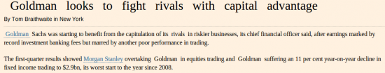 Goldman уступил JPMorgan Chase, получив худший результат с 2008 года по fixed income trading
