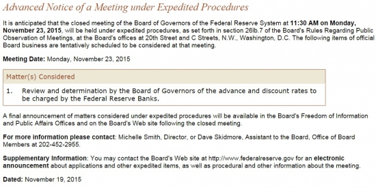 23 ноября 2015 г. состоится внеочередное заседание ФРС по ставке