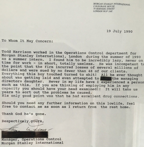 Рекомендательное письмо. Morgan Stanley. London office. 1990.