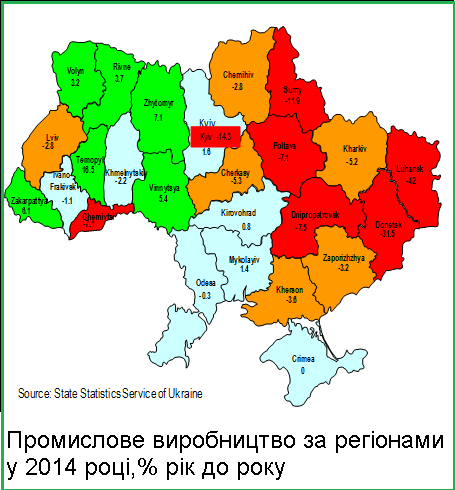 Падение производства Украина 2014 год / КАРТА