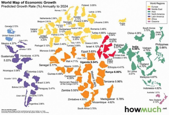 Карта мира экономического роста до 2024 года