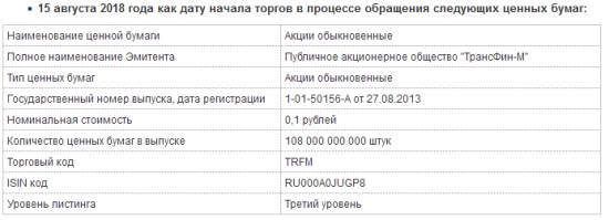 ТрансФин-М - торги акциями компании начнутся на Мосбирже с 15 августа