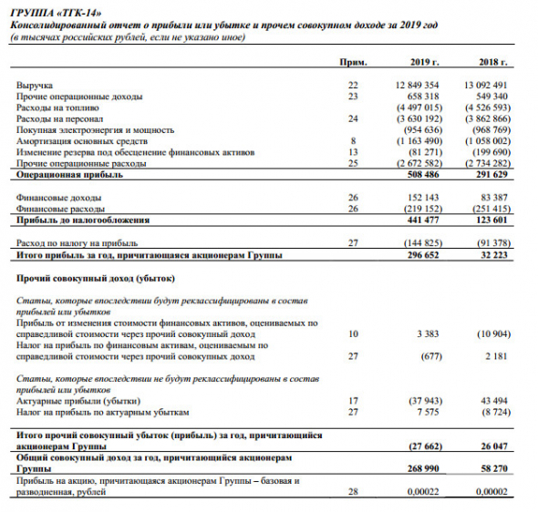 ТГК-14 - прибыль акционеров за 2019 г по МСФО выросла в 10 раз