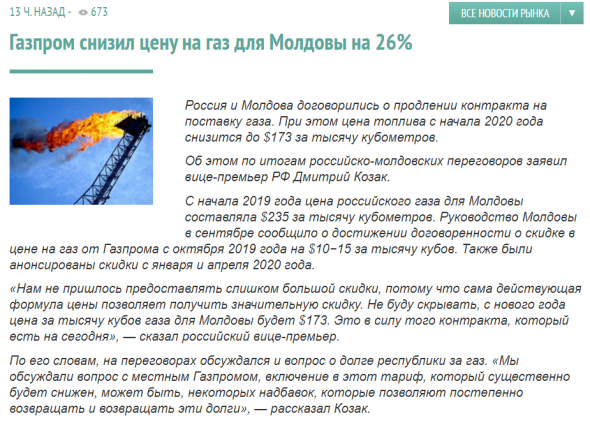 Газпром снизил цену на газ для Молдовы на 26%