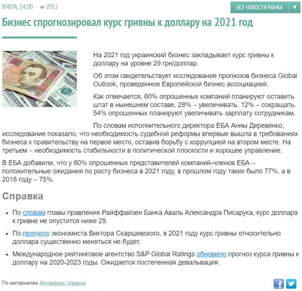 Global Outlook: На 2021г украинский бизнес закладывает курс на уровне 29 грн/доллар