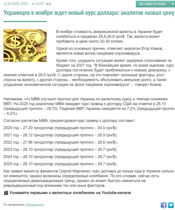 МВФ улучшил прогноз для Украины по курсу гривны на 2020 - 2025 гг
