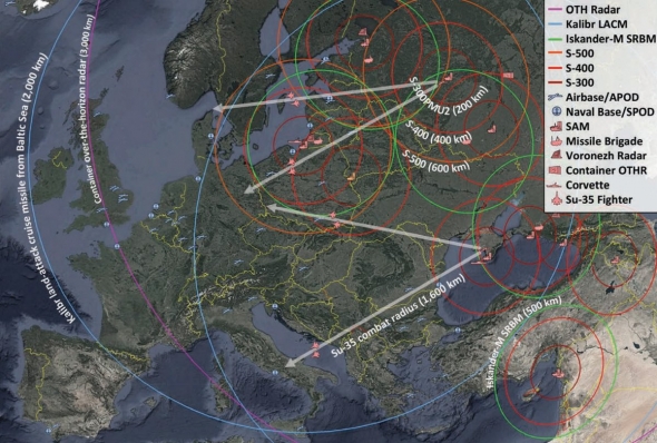 "Карта покрытия" Центральной и Восточной Европы российскими системами обычных вооружений.