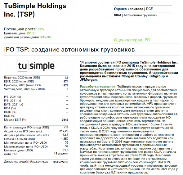 🚛 Сделка ✓584 фонд Purple (фиолетовый) IPO TuSimple Holdings Inc. (TSP) - беспилотные технологии "рулят"?!