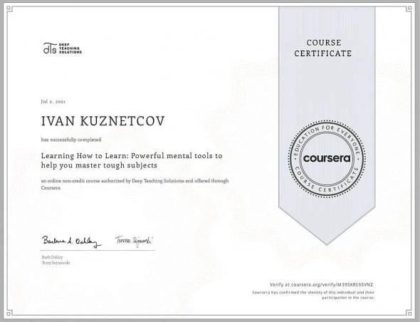 📃 Первый сертификат Coursera от Барбары Оукли. Лучший курс в жизни! Достижения на неделе 28.06 - 04.07.2021