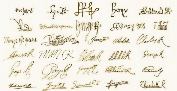 Подписи всех английских королей, суверенов, начиная с 1377 года, от Ричарда II и до сегодняшнего дня...